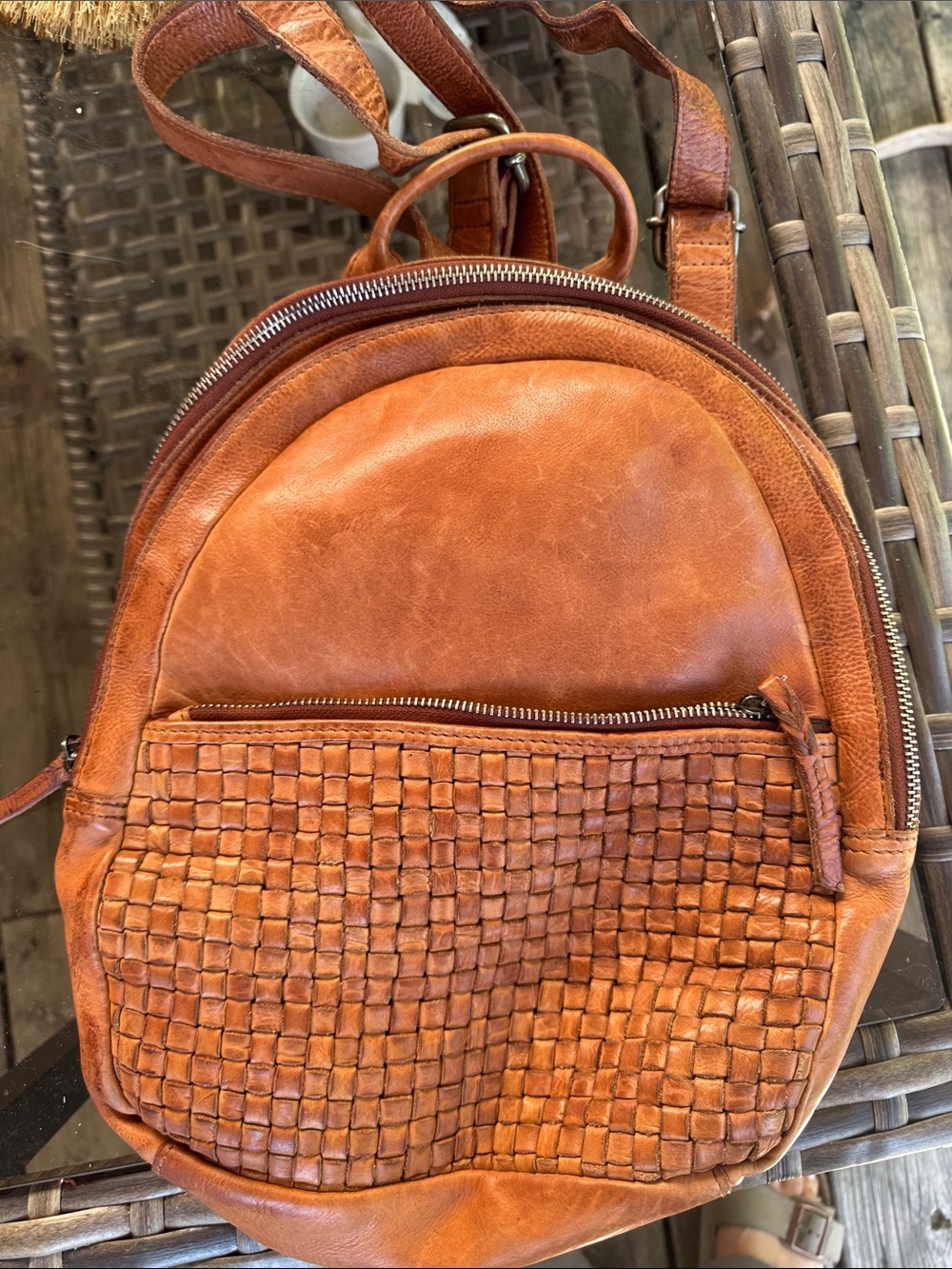 Brown/ orange Vilenca Holland distressed leather backpack